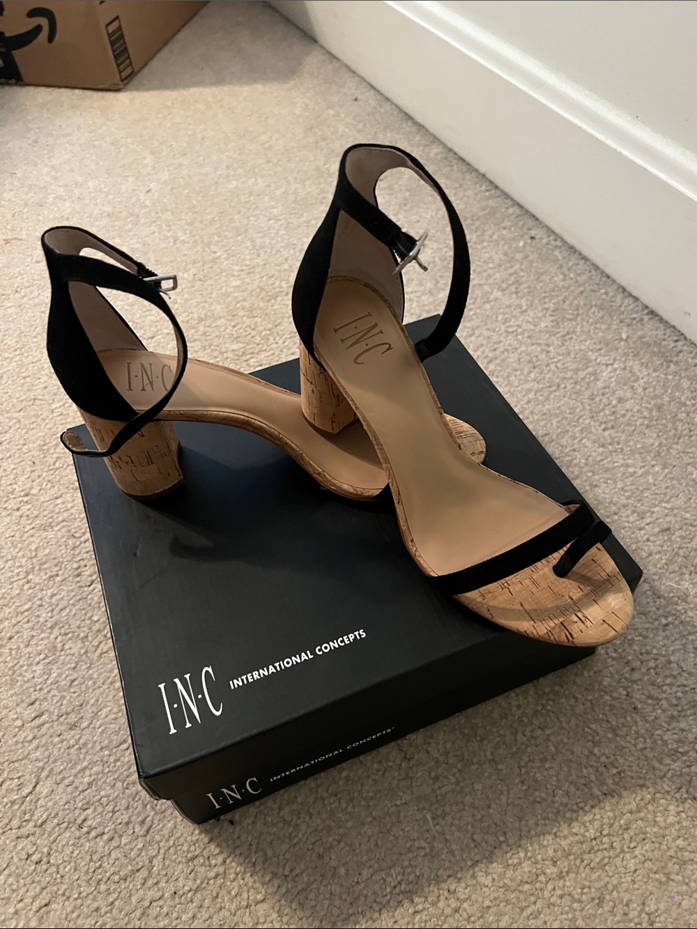 INC International Concepts Black Suede Cork Block Heel Sandals